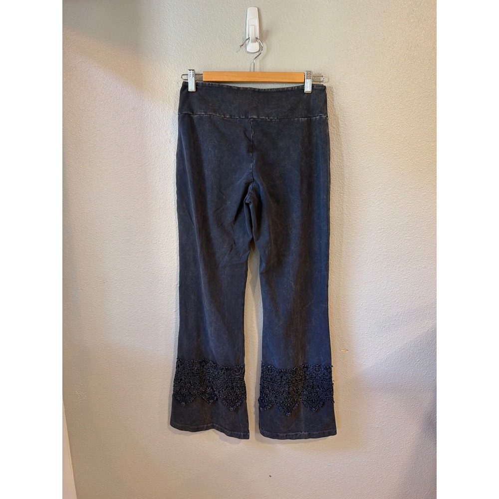 Chatoyant Flare Pants Women Large Charcoal Mineral Wash Crochet Lace Trim Boho - Picture 3 of 7